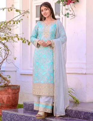 Grey&blue georgette readymade suit with embroidery & sequence work 2