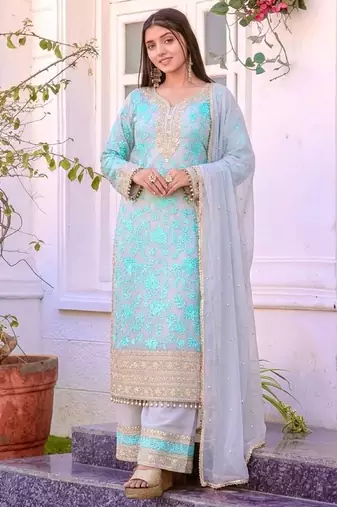 Grey&blue georgette readymade suit with embroidery & sequence work