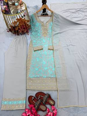 Grey&blue georgette readymade suit with embroidery & sequence work 3