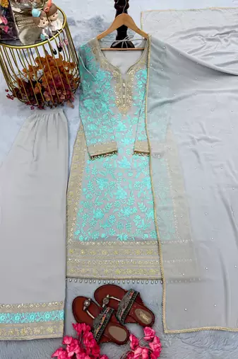 Grey&blue georgette readymade suit with embroidery & sequence work