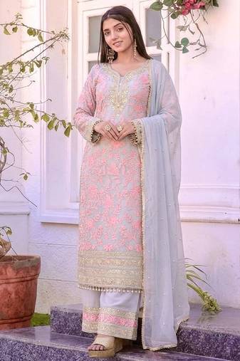 Grey&pink georgette readymade suit with embroidery & sequence work