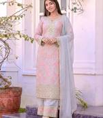 Grey&pink georgette readymade suit with embroidery & sequence work