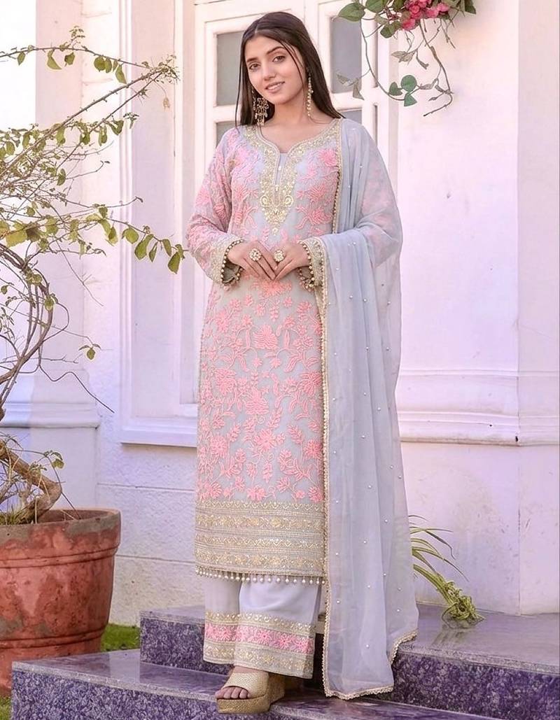 Grey&pink georgette readymade suit with embroidery & sequence work