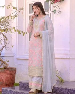 Grey&pink georgette readymade suit with embroidery & sequence work 2