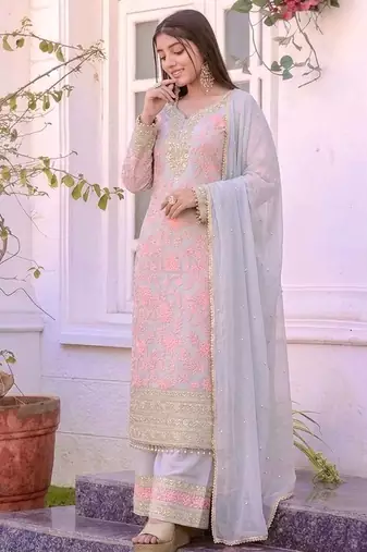 Grey&pink georgette readymade suit with embroidery & sequence work