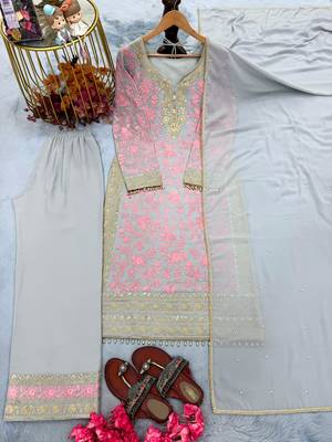 Grey&pink georgette readymade suit with embroidery & sequence work 3