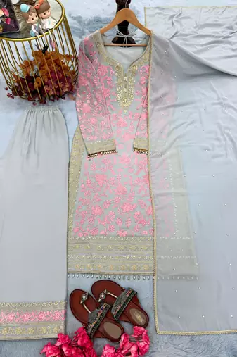 Grey&pink georgette readymade suit with embroidery & sequence work