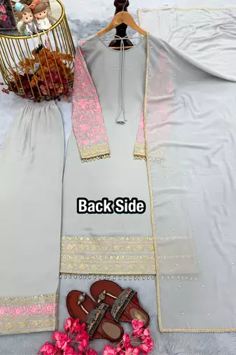 Grey&pink georgette readymade suit with embroidery & sequence work