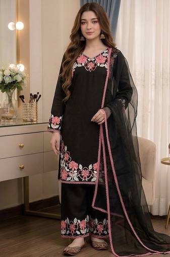 Black rayon readymade suit with embroidery & lace border work