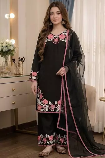 Black rayon readymade suit with embroidery & lace border work