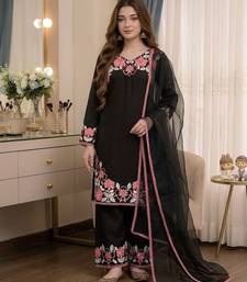 Black rayon readymade suit with embroidery & lace border work