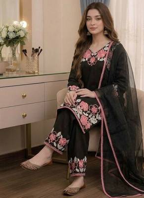 Black rayon readymade suit with embroidery & lace border work 2