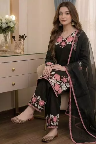 Black rayon readymade suit with embroidery & lace border work