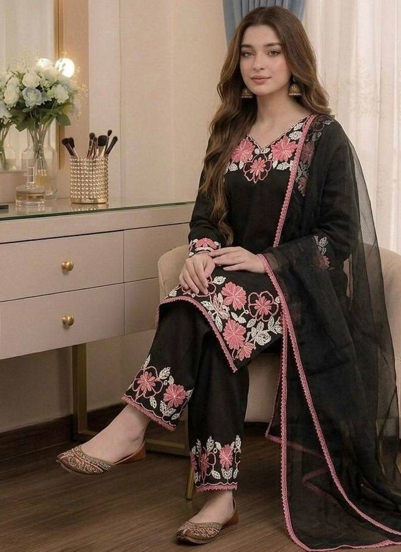Black rayon readymade suit with embroidery & lace border work