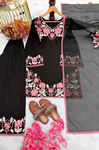 Black rayon readymade suit with embroidery & lace border work