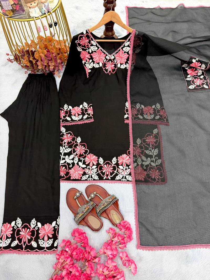 Black rayon readymade suit with embroidery & lace border work
