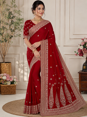 red color sequance and dori embroidery work lace border silk blend saree 1