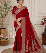 red color sequance and dori embroidery work lace border silk blend saree