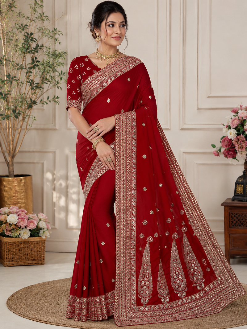 red color sequance and dori embroidery work lace border silk blend saree