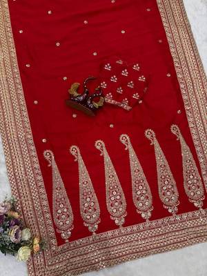 red color sequance and dori embroidery work lace border silk blend saree 2