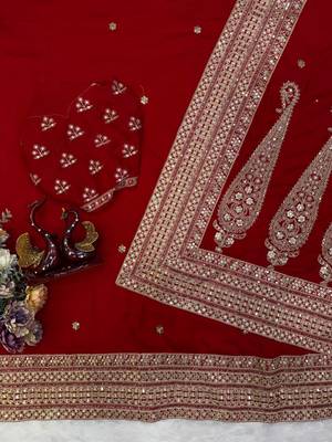 red color sequance and dori embroidery work lace border silk blend saree 3