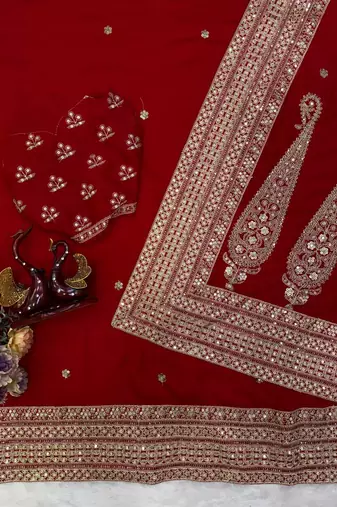 red color sequance and dori embroidery work lace border silk blend saree