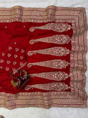 red color sequance and dori embroidery work lace border silk blend saree 4