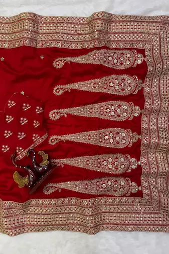red color sequance and dori embroidery work lace border silk blend saree