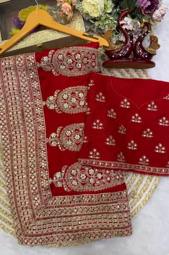 red color sequance and dori embroidery work lace border silk blend saree