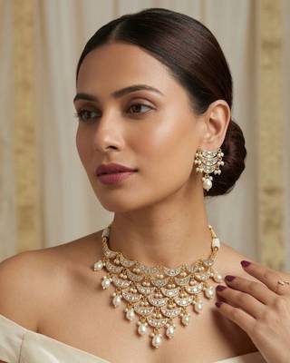 Noor Pearl Cascade Choker Set | Kundan white Bridal & Festive Jewellery 1