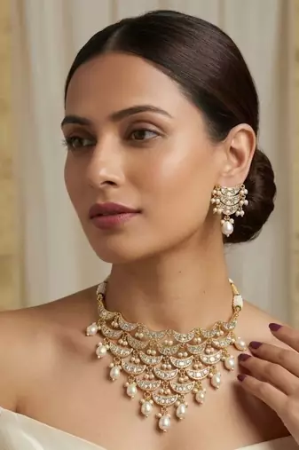 Noor Pearl Cascade Choker Set | Kundan white Bridal & Festive Jewellery