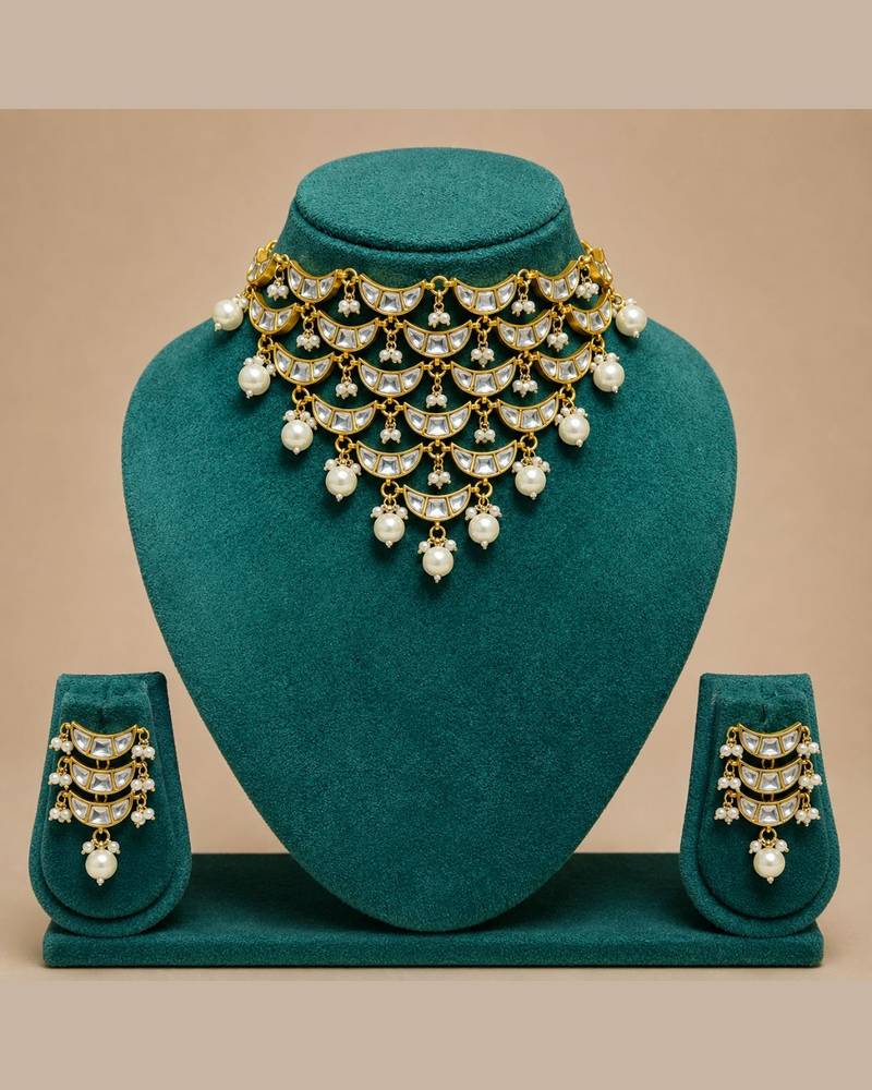 Noor Pearl Cascade Choker Set | Kundan white Bridal & Festive Jewellery
