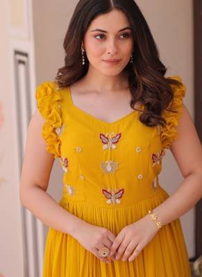 yellow color sequin multithreaded beaded embroidered silk blend gown 2