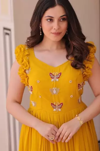 yellow color sequin multithreaded beaded embroidered silk blend gown