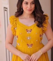 yellow color sequin multithreaded beaded embroidered silk blend gown