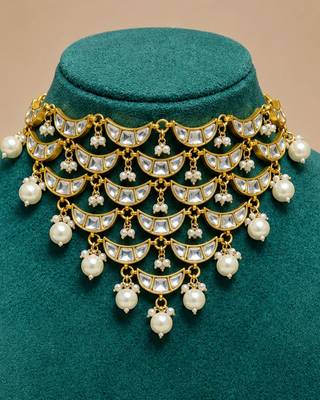Noor Pearl Cascade Choker Set | Kundan white Bridal & Festive Jewellery 3