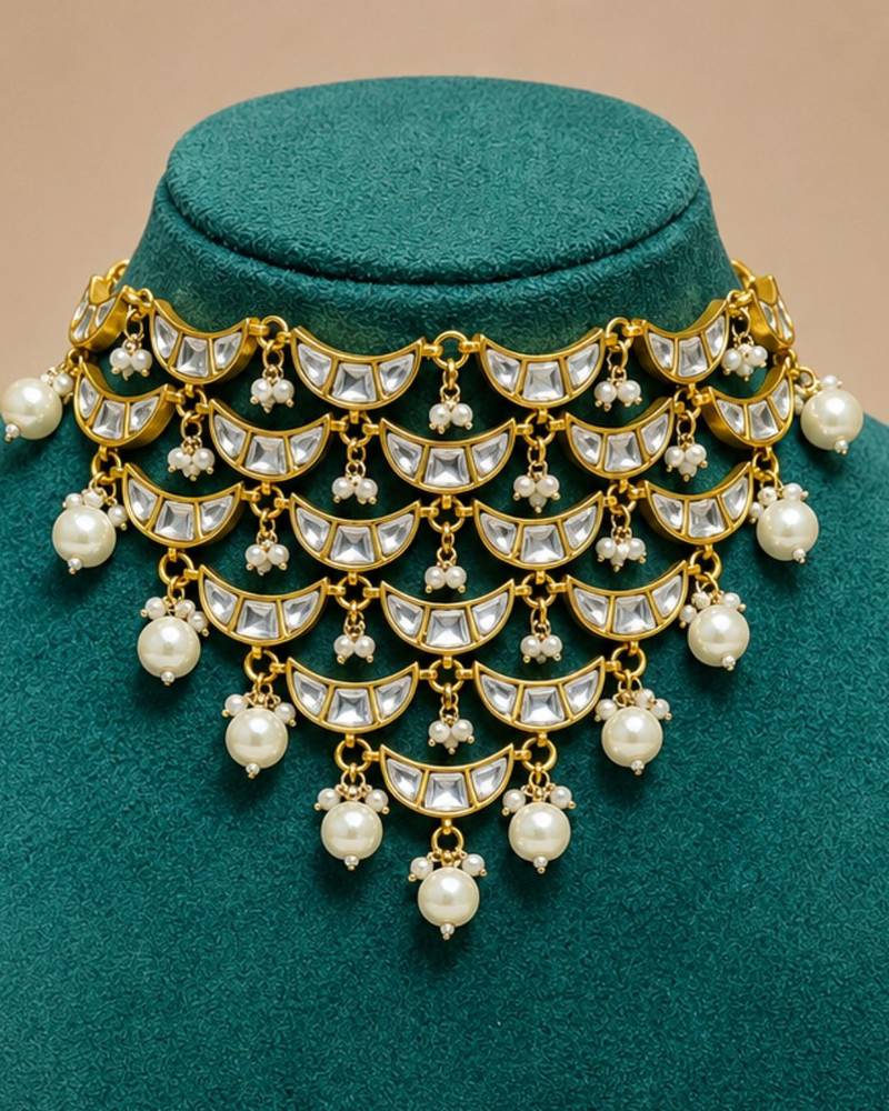 Noor Pearl Cascade Choker Set | Kundan white Bridal & Festive Jewellery