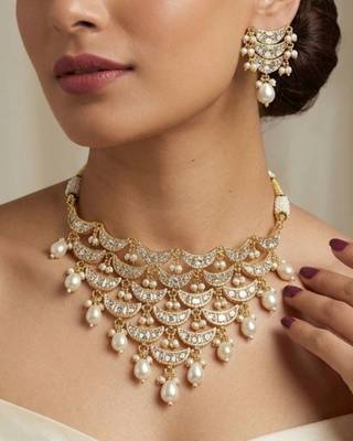 Noor Pearl Cascade Choker Set | Kundan white Bridal & Festive Jewellery 5