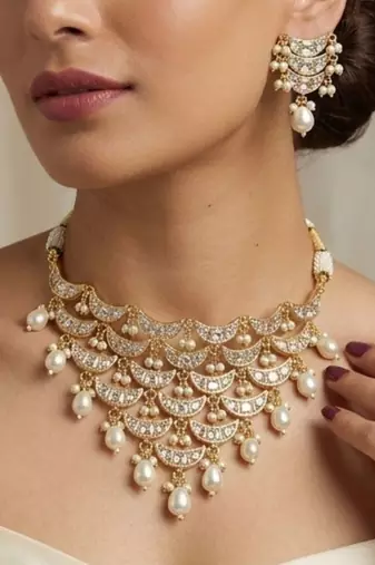Noor Pearl Cascade Choker Set | Kundan white Bridal & Festive Jewellery