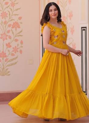 yellow color sequin multithreaded beaded embroidered silk blend gown 3
