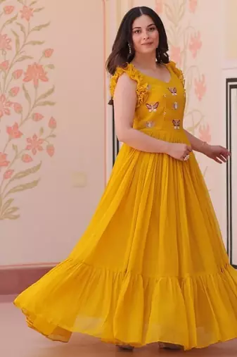 yellow color sequin multithreaded beaded embroidered silk blend gown