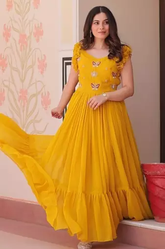 yellow color sequin multithreaded beaded embroidered silk blend gown