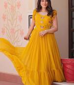 yellow color sequin multithreaded beaded embroidered silk blend gown