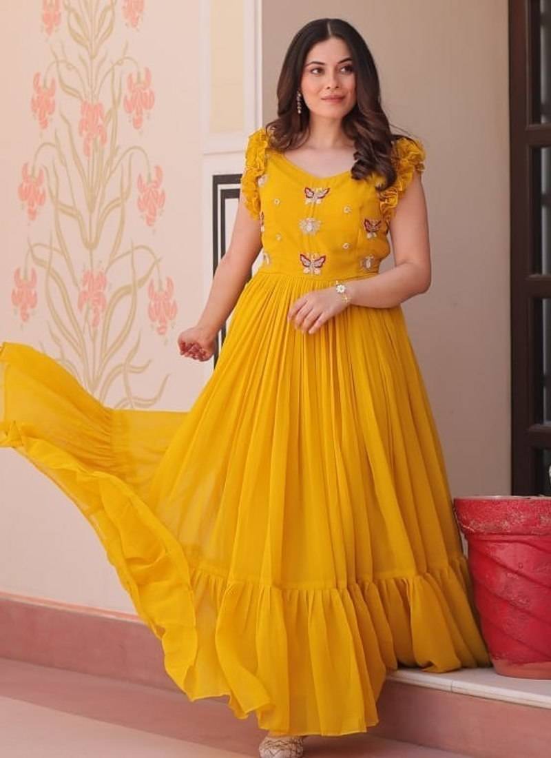 yellow color sequin multithreaded beaded embroidered silk blend gown