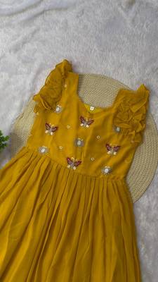 yellow color sequin multithreaded beaded embroidered silk blend gown 4