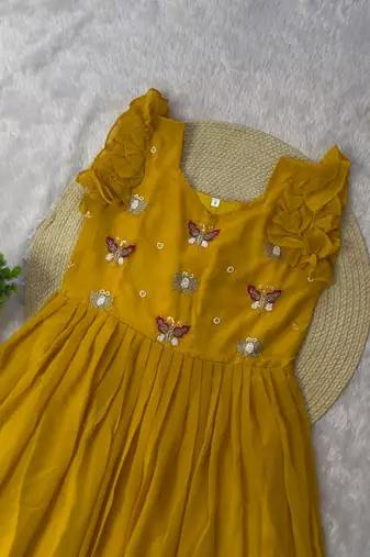 yellow color sequin multithreaded beaded embroidered silk blend gown