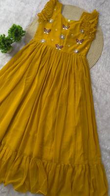 yellow color sequin multithreaded beaded embroidered silk blend gown 5