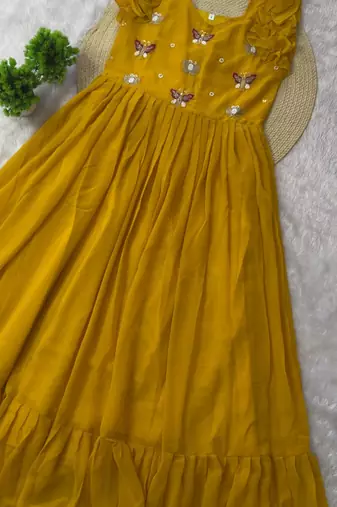 yellow color sequin multithreaded beaded embroidered silk blend gown