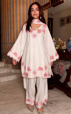 White rayon readymade suit with embroidery & lace border work 1