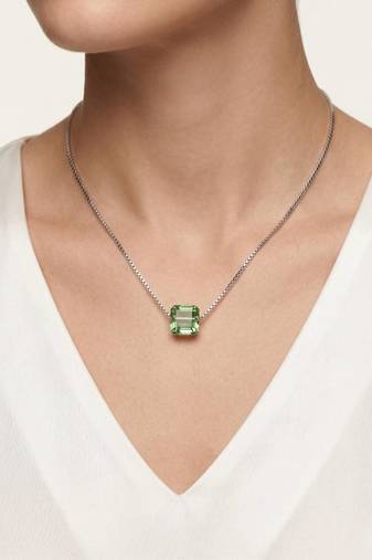 925 Sterling Silver Emerald-Cut Green CZ Solitaire Pendant Necklace Set  for Women